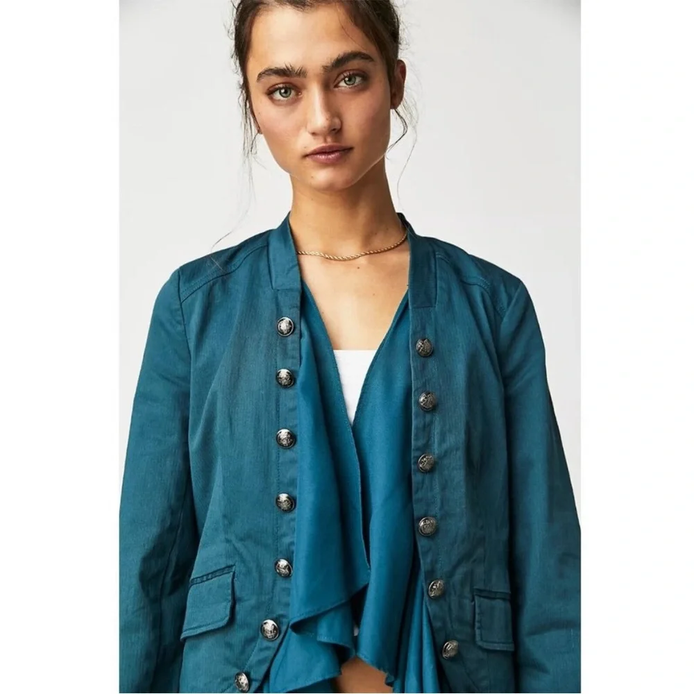 Free People Ruffles Romance Jacket in Teal Jewel - Picture 8 of 9